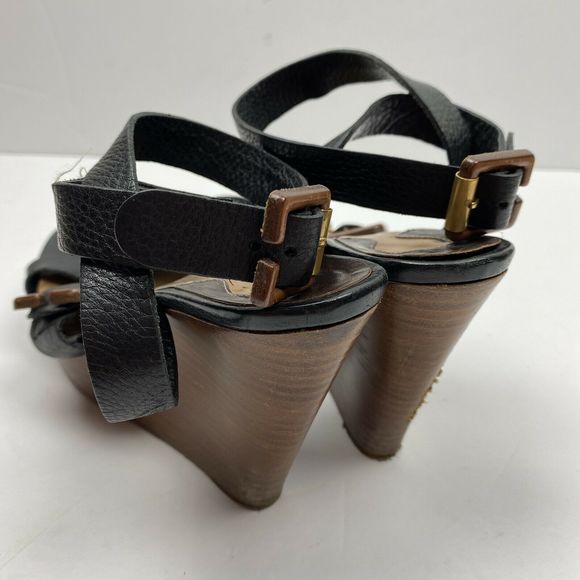 Chloe Black Leather Buckle Platform Wedge Sandals - Picture 5 of 10